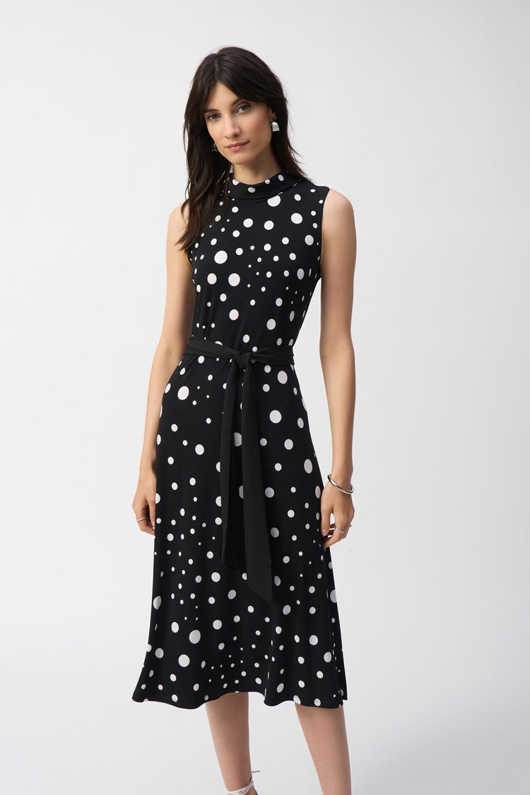 SILKY KNIT DOT PRINT FIT AND FLARE DRESS