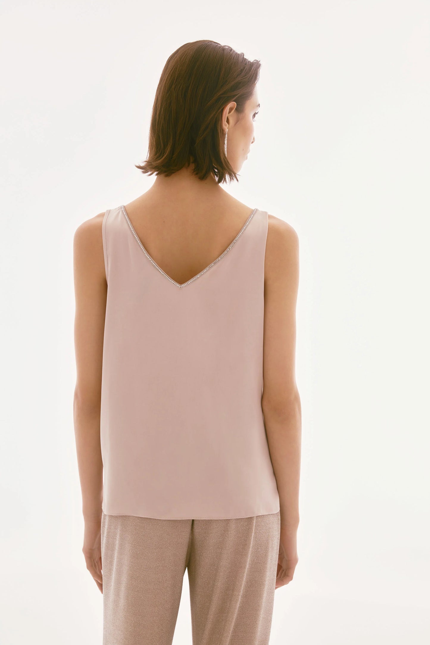 SATIN SLEEVELESS TOP WITH RHINESTONE TRIM