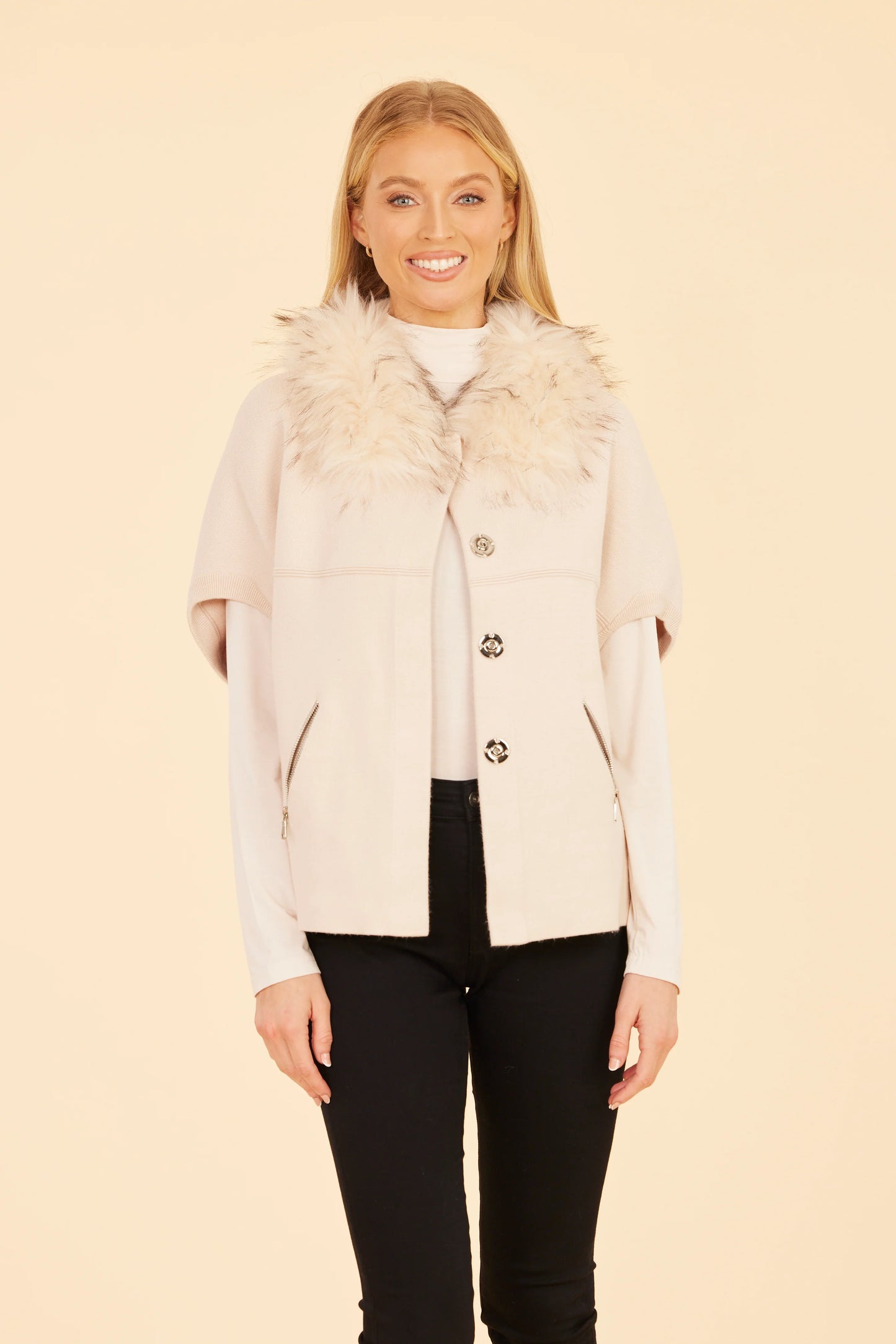FAUX FUR TRIM CARDIGAN