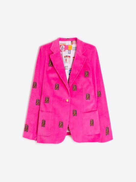 FUCHSIA CORDUROY BLAZER WITH EMBROIDERED TIGERS