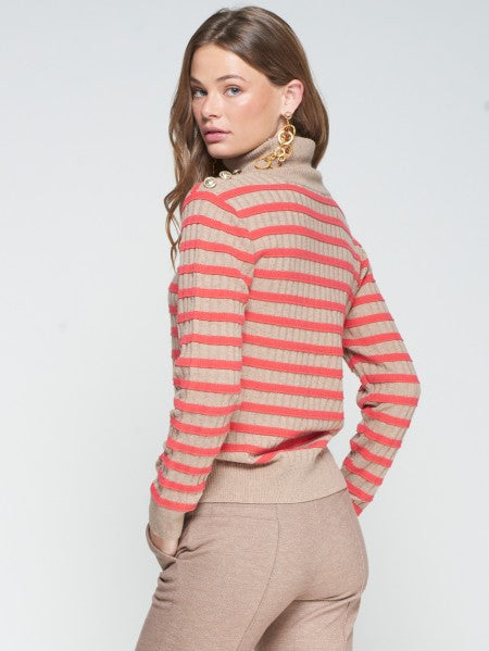 STRIPE TURTLENECK SWEATER WITH GOLD BUTTON ACCENTS