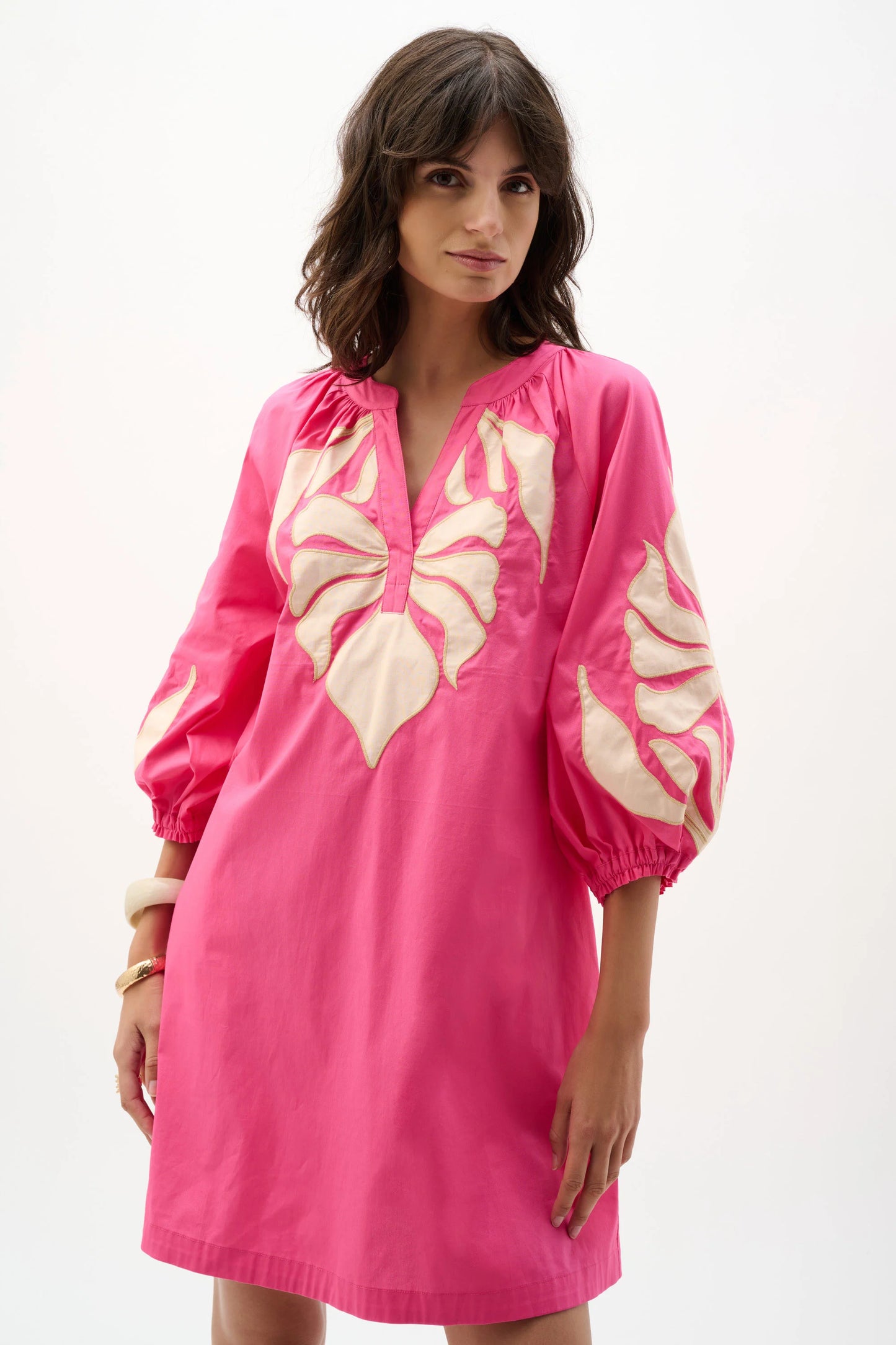 3/4 SLEEVE TROPICAL EMBROIDERED DRESS