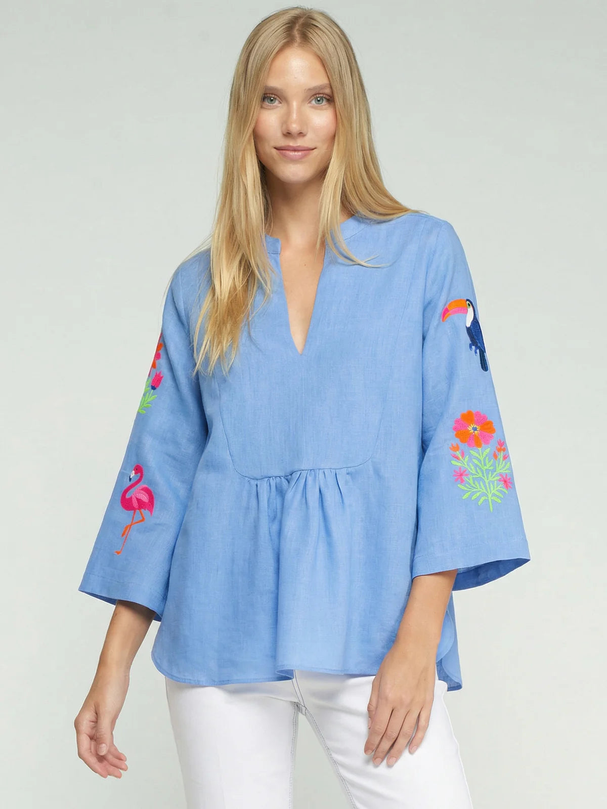 TOP WITH TROPICAL EMBROIDERED SLEEVES