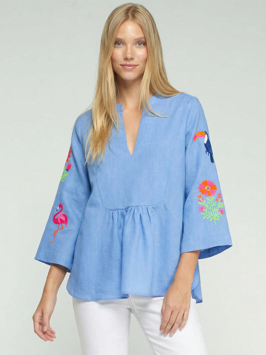 TOP WITH TROPICAL EMBROIDERED SLEEVES