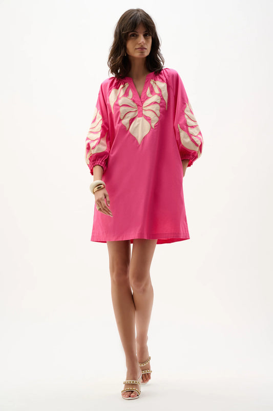 3/4 SLEEVE TROPICAL EMBROIDERED DRESS