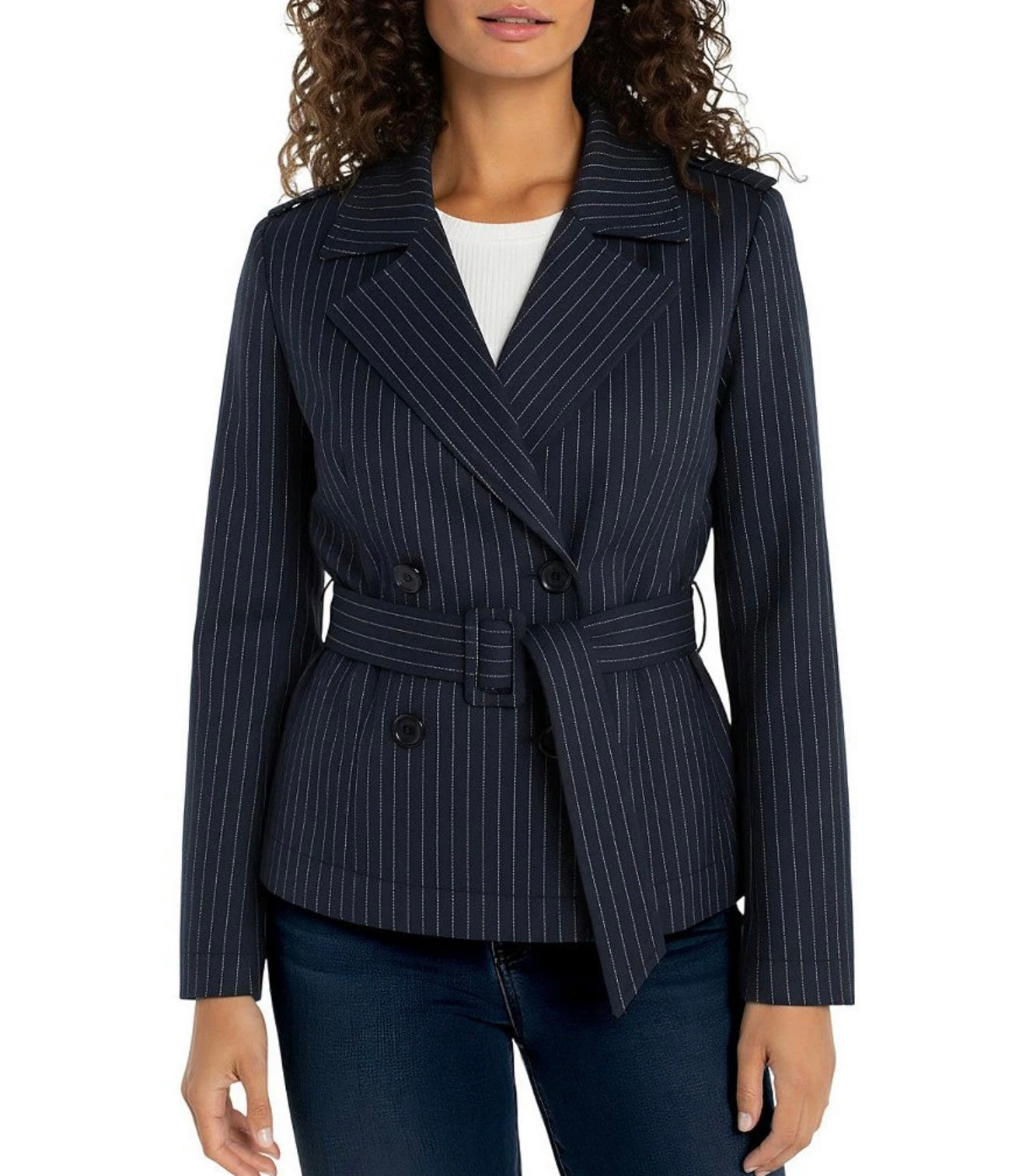 PINSTRIPE CROPPED TRENCH JACKET