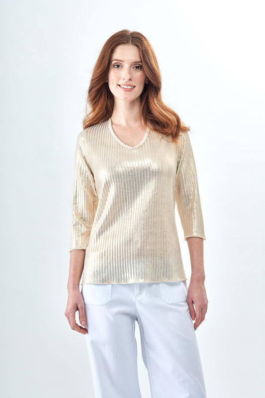 Ribbed Metallic 3/4 Sleeve Top